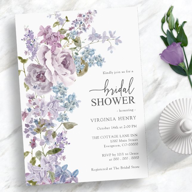 Elegant Lilac Bridal Shower Invitation (Elegant Watercolor Purple and Blue Roses and Lilac Bridal Shower Invitation)