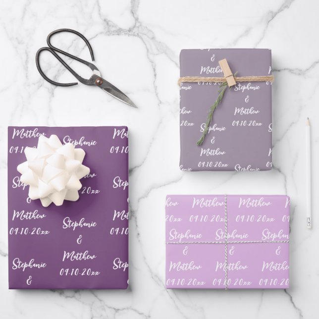 Elegant Lilac Bride Groom Names Weddings Wrapping Paper Sheets (Front)