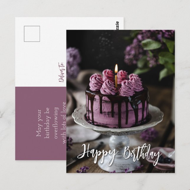 Elegant Lilac Cake Birthday Greeting Postcard (Front/Back)