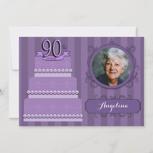 Elegant Lilac Damask 90th Birthday Photo Invite (Front)