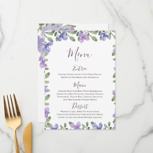 Elegant Lilac Dusty Blue Floral Wedding Reception Menu