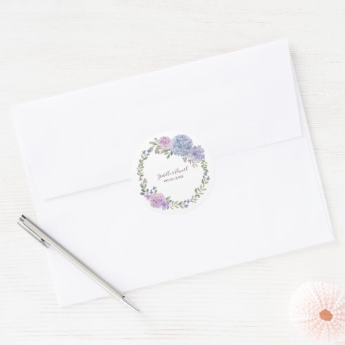 Elegant Lilac Dusty Blue Watercolor Floral Wedding Classic Round Sticker