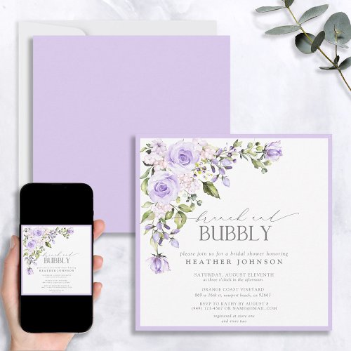 Elegant Lilac Floral Brunch  Bubbly Bridal Shower Invitation