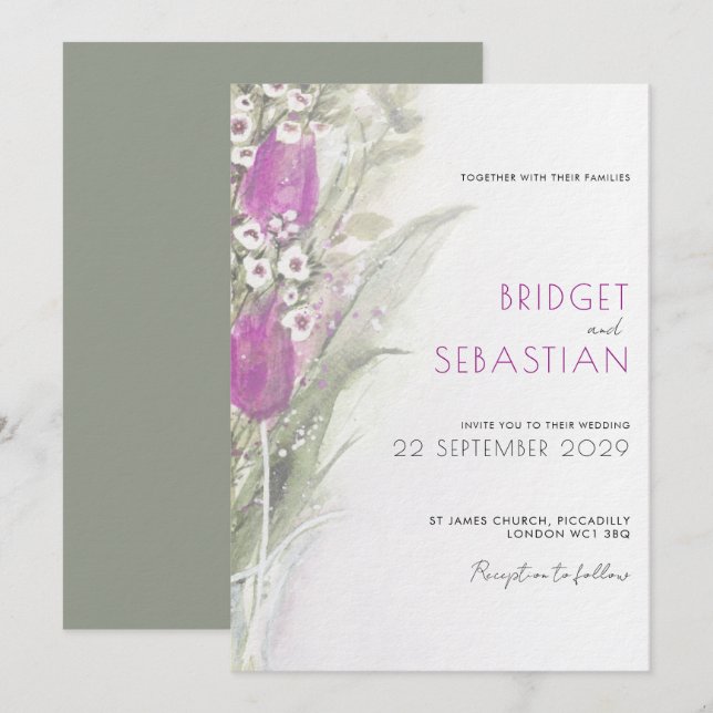 Elegant Lilac floral & sage Wedding Invitation (Front/Back)