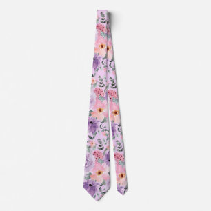 Elegant Lilac Floral Watercolor Wedding Neck Tie