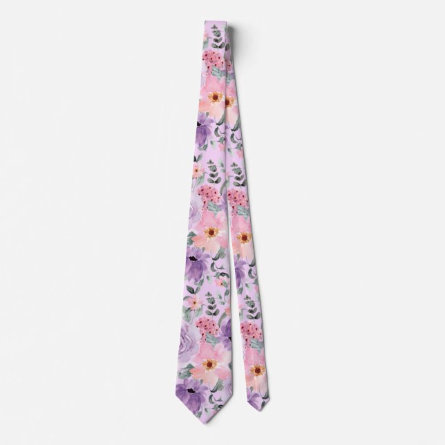 Elegant Lilac Floral Watercolor Wedding Neck Tie (Front)
