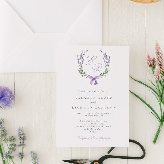 Elegant Lilac Floral Wreath & Bow Monogram Wedding Invitation (Creator Uploaded)