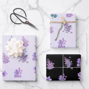 Elegant Lilac Flowers Black and Light Purple Wrapping Paper Sheets