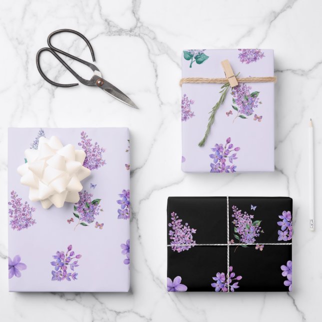 Elegant Lilac Flowers Black and Light Purple Wrapping Paper Sheets (Front)