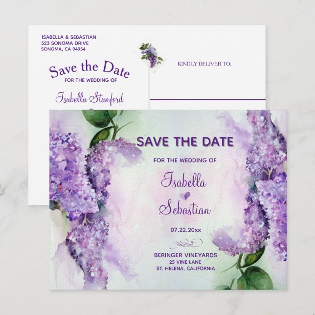 Elegant Lilac Flowers Wedding Save The Date Announcement Postcard (Front/Back)