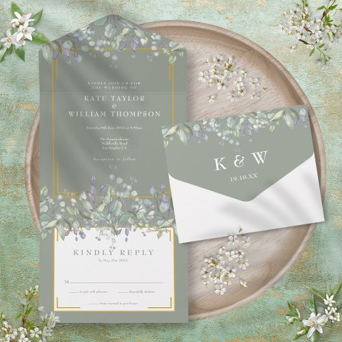 Elegant Lilac Foliage Sage Green Monogram Wedding All In One Invitation