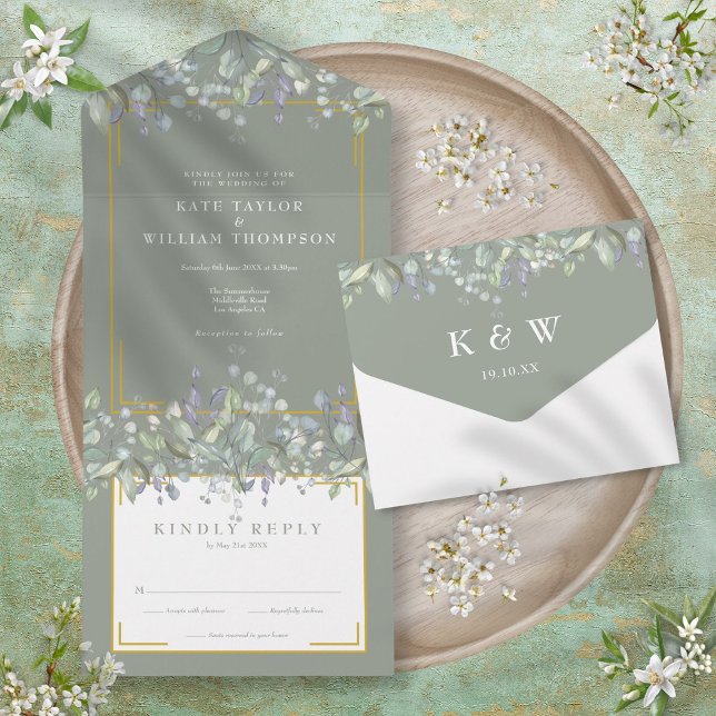 Elegant Lilac Foliage Sage Green Monogram Wedding All In One Invitation (Elegant Lilac Foliage Sage Green Monogram Wedding All In One Invitation)