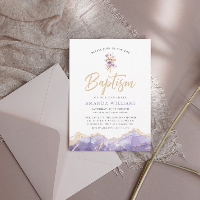 Elegant Lilac Gold Agate with Cross | Baptism  Invitation (Creator Uploaded)
