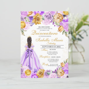 Elegant Lilac & Gold Floral Quinceanera Birthday Invitation