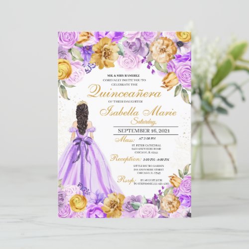 Elegant Lilac  Gold Floral Quinceanera Birthday Invitation