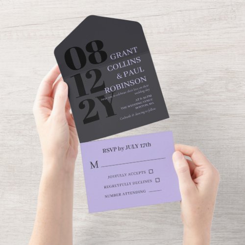 Elegant Lilac  Grey Typography Wedding All In One Invitation