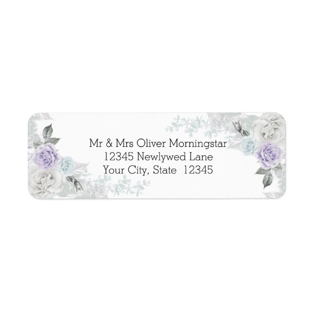 Elegant Lilac Ice Blue and White Roses Label (Front)