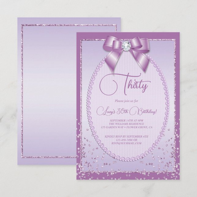 Elegant Lilac Jewel Bow & Confetti Birthday Invitation (Front/Back)