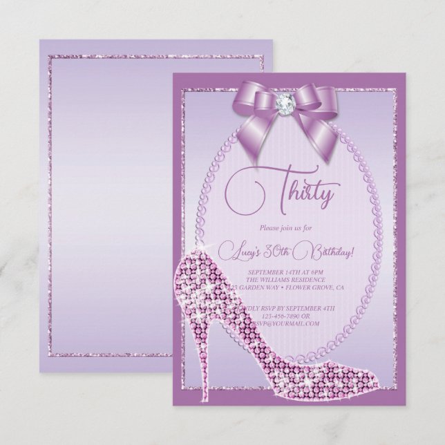 Elegant Lilac Jewel Bow & Stiletto Birthday Invitation (Front/Back)