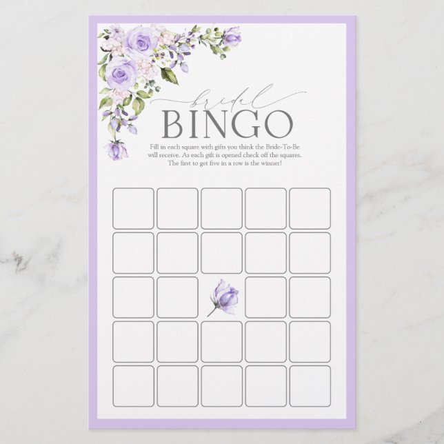 Elegant Lilac Lavender Floral Bridal Bingo Game (Front)