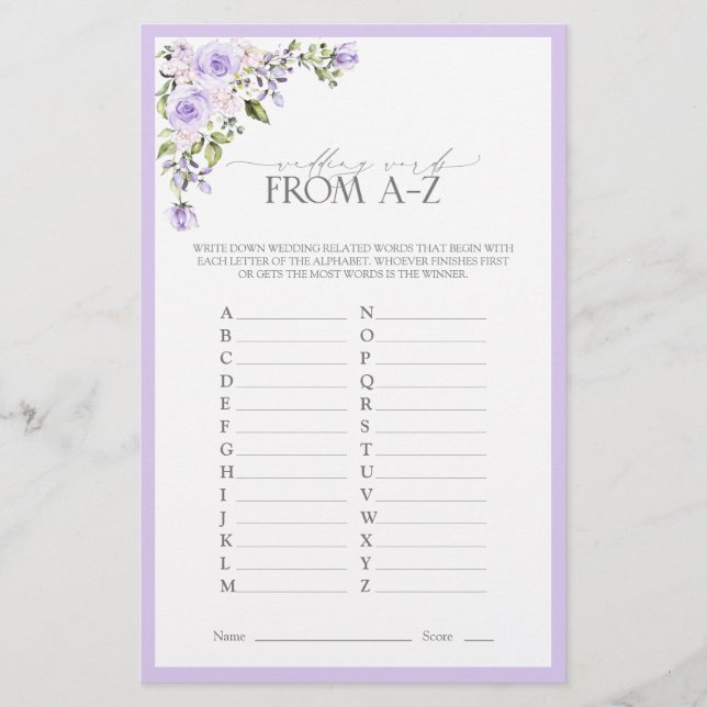 Elegant Lilac Lavender Floral Bridal Shower Game (Front)