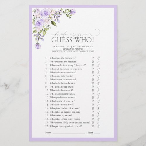 Elegant Lilac Lavender Floral Bridal Shower Game