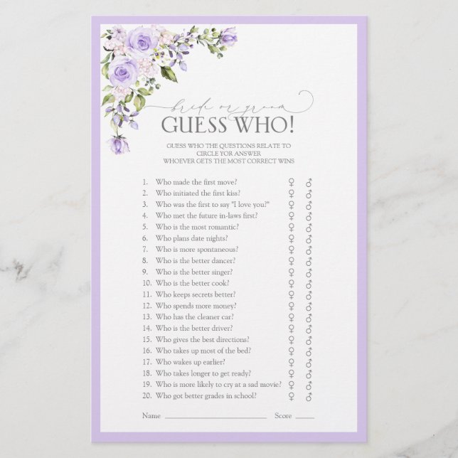Elegant Lilac Lavender Floral Bridal Shower Game (Front)
