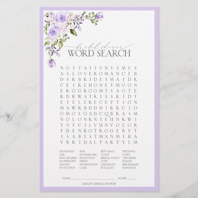 Elegant Lilac Lavender Floral Bridal Shower Game (Front)