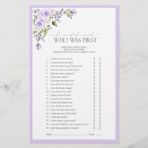 Elegant Lilac Lavender Floral Bridal Shower Game