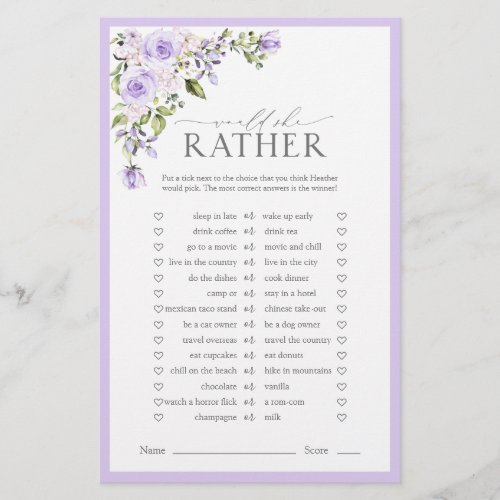 Elegant Lilac Lavender Floral Bridal Shower Game