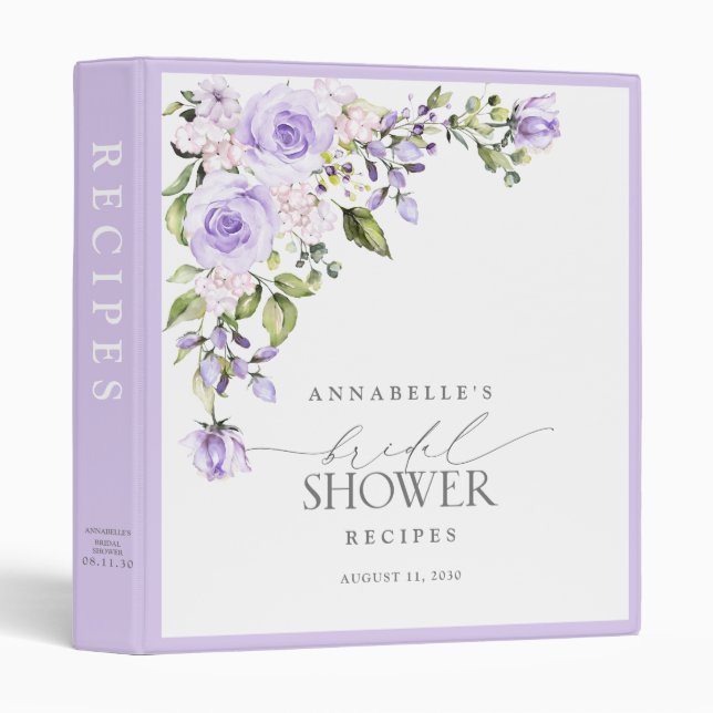 Elegant Lilac Lavender Floral Bridal Shower Recipe 3 Ring Binder (Front/Spine)