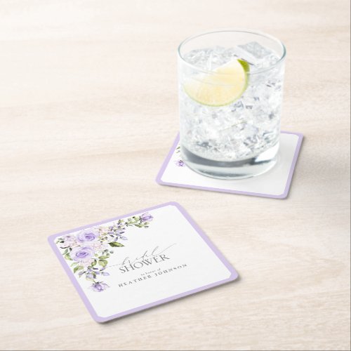 Elegant Lilac Lavender Floral Bridal Shower Square Paper Coaster