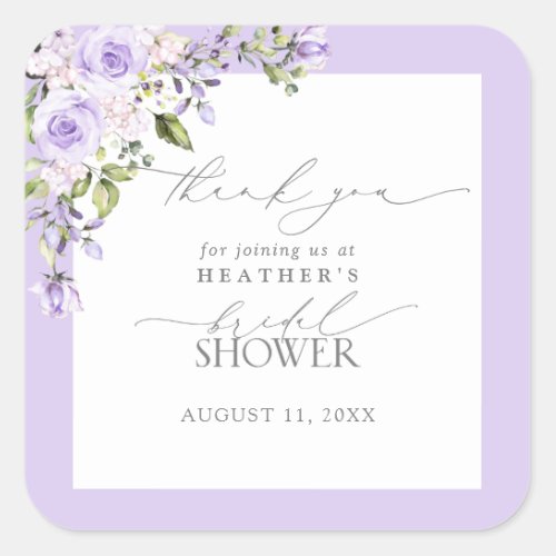 Elegant Lilac Lavender Floral Shower Thank You Square Sticker