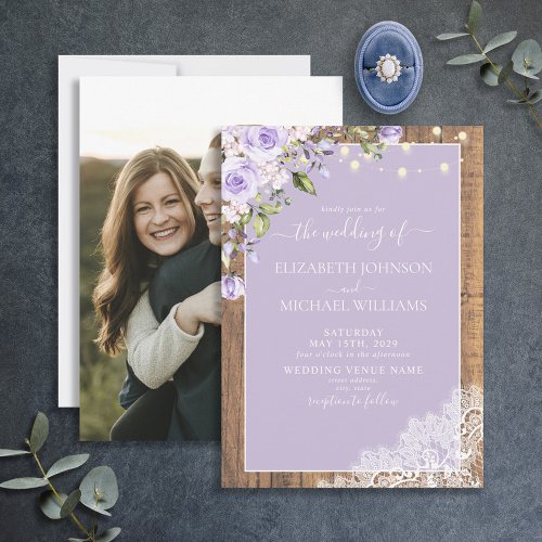 Elegant Lilac Lavender Rustic Lace Photo Wedding Invitation