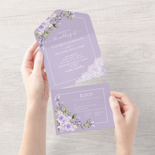 Elegant Lilac Lavender Rustic Lace Wedding All In One Invitation