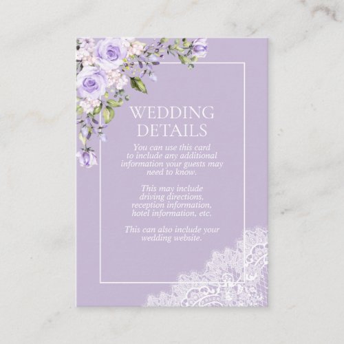 Elegant Lilac Lavender Rustic Lace Wedding Details Enclosure Card