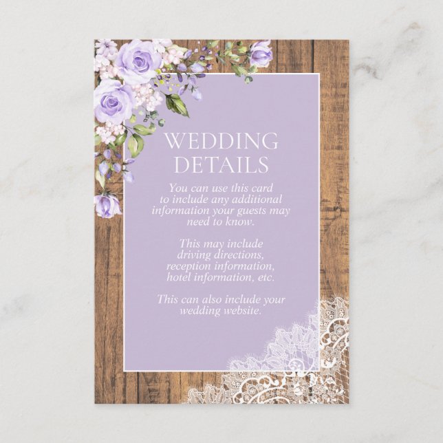 Elegant Lilac Lavender Rustic Lace Wedding Details Enclosure Card (Front)