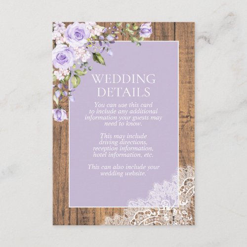 Elegant Lilac Lavender Rustic Lace Wedding Details Enclosure Card