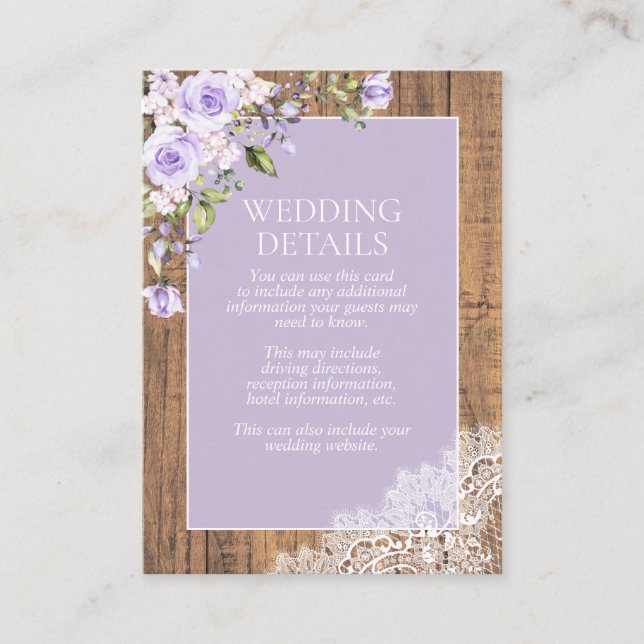 Elegant Lilac Lavender Rustic Lace Wedding Details Enclosure Card (Front)