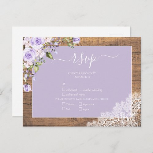 Elegant Lilac Lavender Rustic Lace Wedding RSVP Invitation Postcard