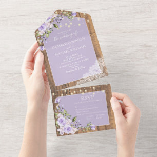 Elegant Lilac Lavender Rustic Wood Lace Wedding All In One Invitation