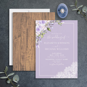 Elegant Lilac Lavender Rustic Wood Lace Wedding Invitation