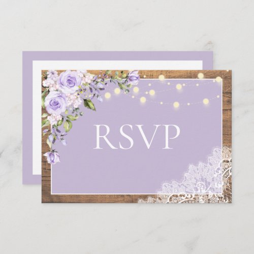 Elegant Lilac Lavender Rustic Wood Lace Wedding RSVP Card