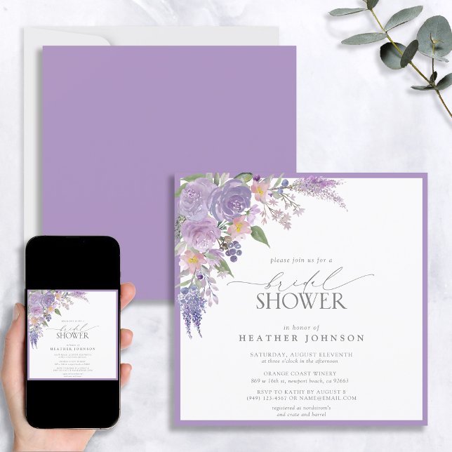 Elegant Lilac Lavender Watercolor Bridal Shower In Invitation