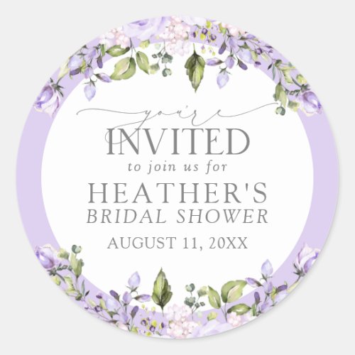 Elegant Lilac Lavender Watercolor Floral Shower Classic Round Sticker