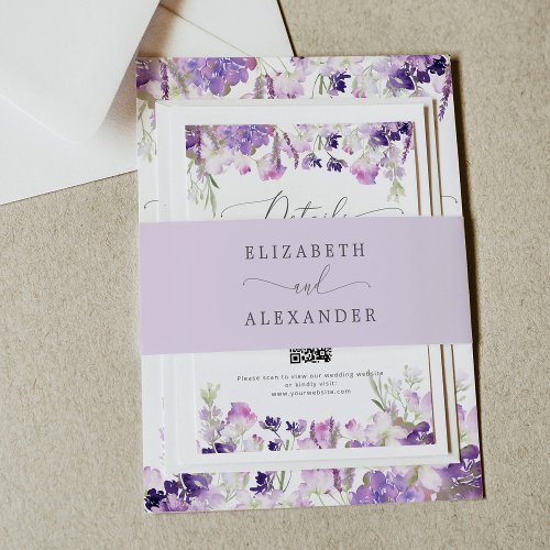 Elegant lilac minimalist calligraphy wedding invitation belly band