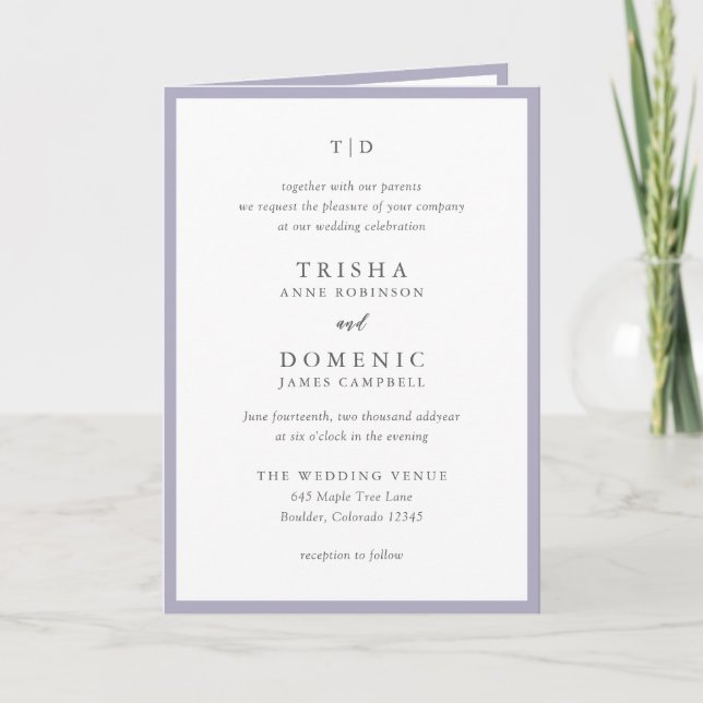 Elegant Lilac Monogram Modern Wedding Invitation (Front)