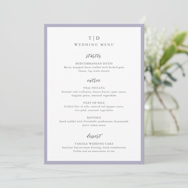 Elegant Lilac Monogram Modern Wedding Menu (Standing Front)