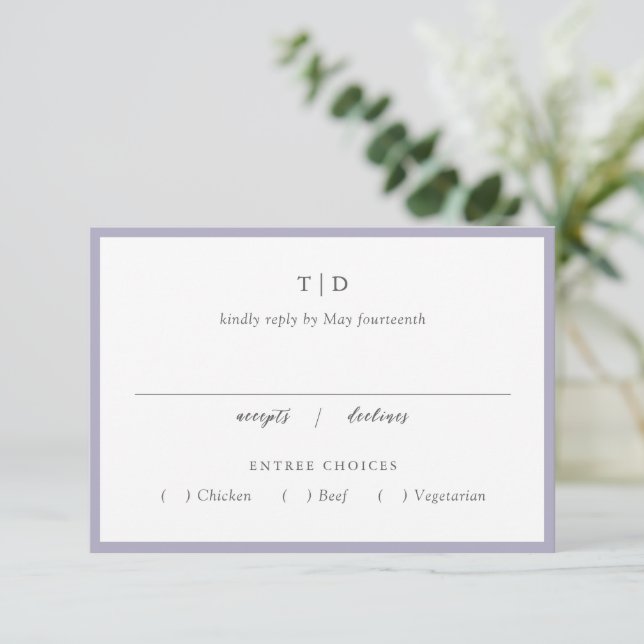 Elegant Lilac Monogram Modern Wedding RSVP Card (Standing Front)