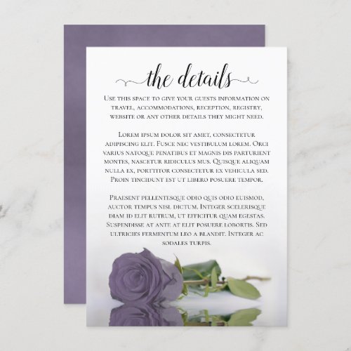 Elegant Lilac or Dusty Purple Rose Wedding Details Enclosure Card